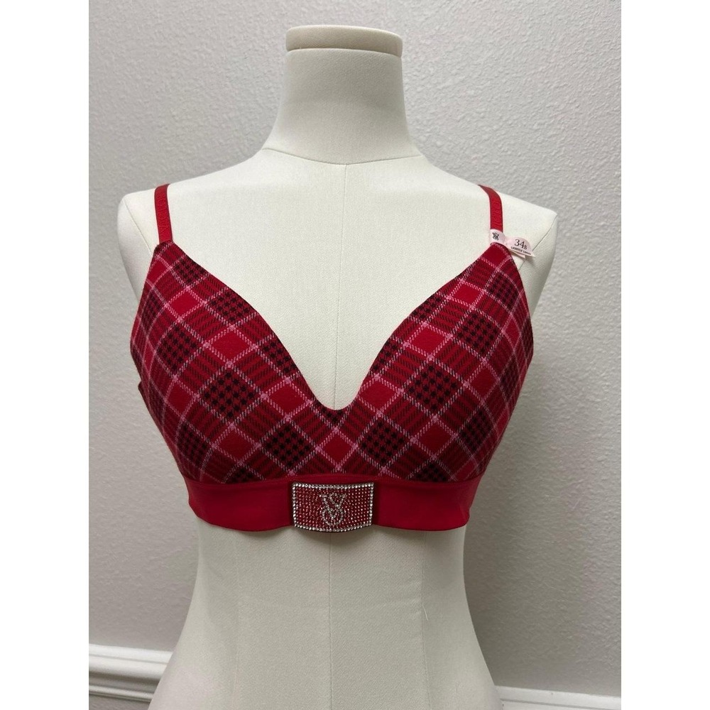Victoria's Secret Red Plaid Logo Hardware Bra 34B NWT Lightly Lined Wireless